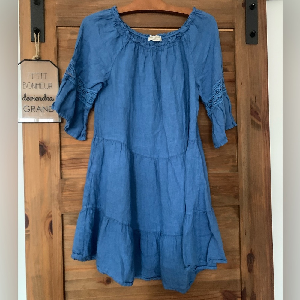 100% Italian linen Blue Tiered Midi Dress - Lightweight Boho Style